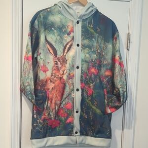 Floral Rabbit Print HoodieJacket P2P 23 L30 Unisex NWOT